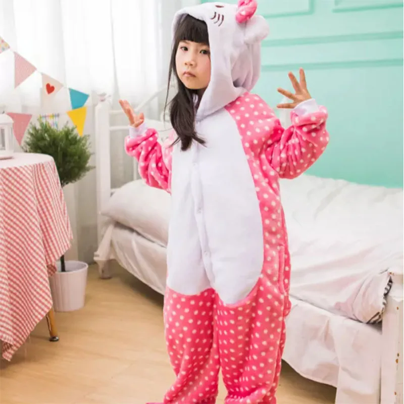 Family Kigurumi Pajamas Pink Dots Cat Cartoon Onesie Cosplay Costume Pajamas For Kids and Adults With Slippers