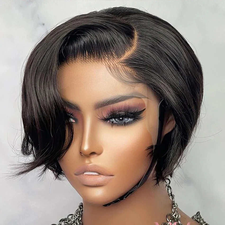 Short Straight Pixie Cut Wig 13X2 T Part Transparent Lace Human Hair Wig Natural Bob Wig For Black Women Preplucked Hairline