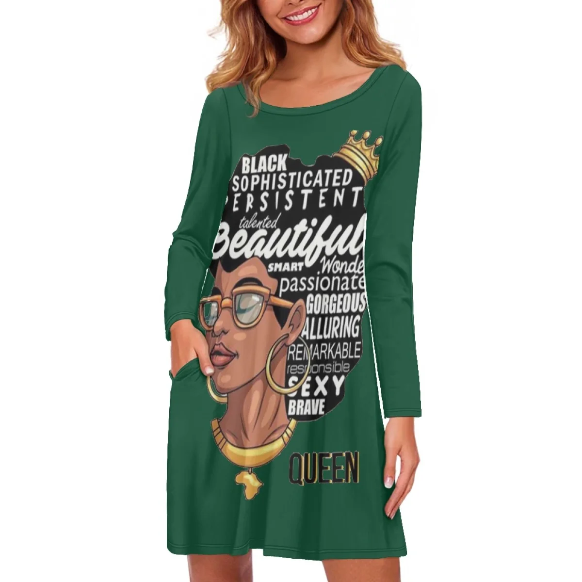 

FORUDESIGNS Black Girl Magic Printing Women's Pocket Dress Melanin Queen Cartoon Ladies Miniskirt Letter Print Wearable Dres