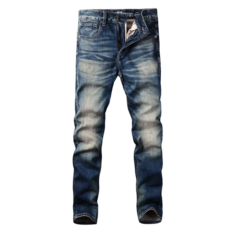 Fashion Trend High-end Men's Retro Distressed Jeans Blue Slim Small Straight All-match Casual Denim Pencil Jeans For Men