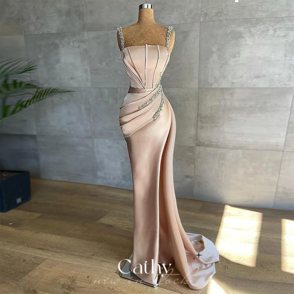 

Cathy Sexy Spaghetti Straps Mermaid Prom Dress Glitter Trumpet Evening Dress Fish Bone Silk Satin فستان سهرة Pink Party Dress