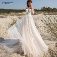 perfect modern o neck a line wedding dresses for women 2022 lace appliques long sleeves illusion back bridal gowns court train
