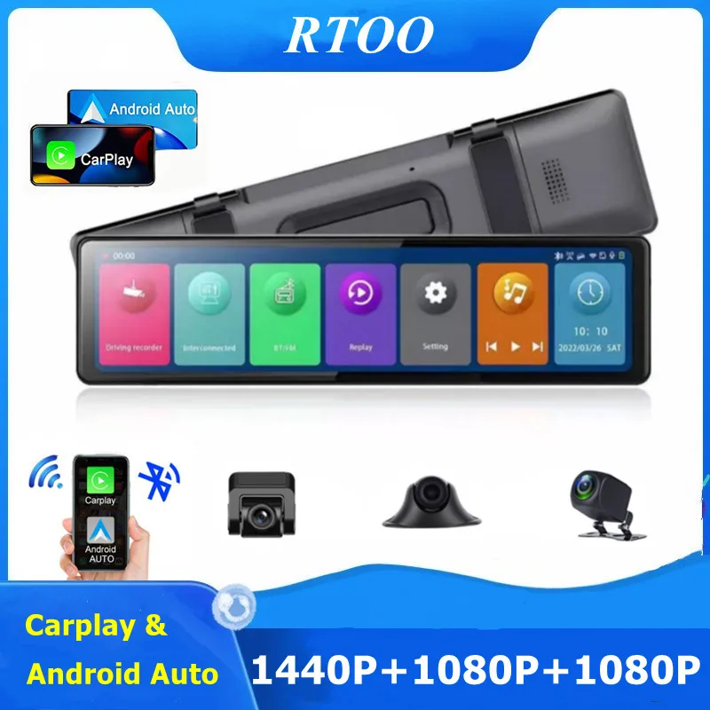 2.5K+1080P+1080P Car DVR Camera Wireless Carplay Android Auto Dash Cam 3 Cameras Rearview Mirror 5G Wifi GPS Video Recorder