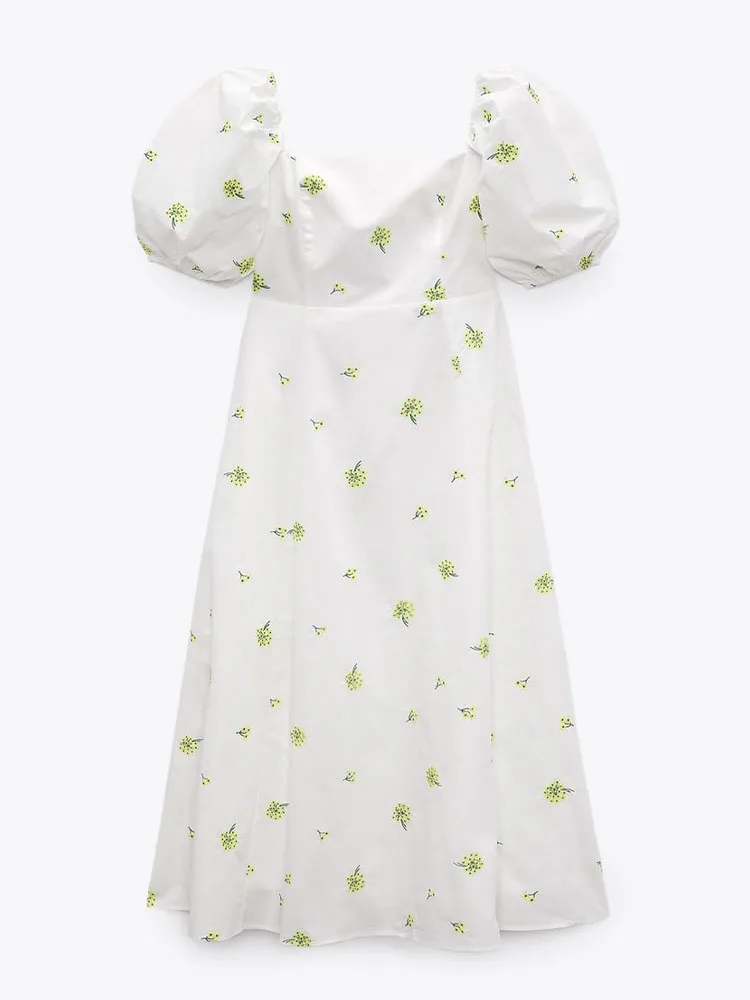 

Zach AiIsa summer new sweet and fresh all-match square neck puff sleeves elastic back bow embroidered poplin dress