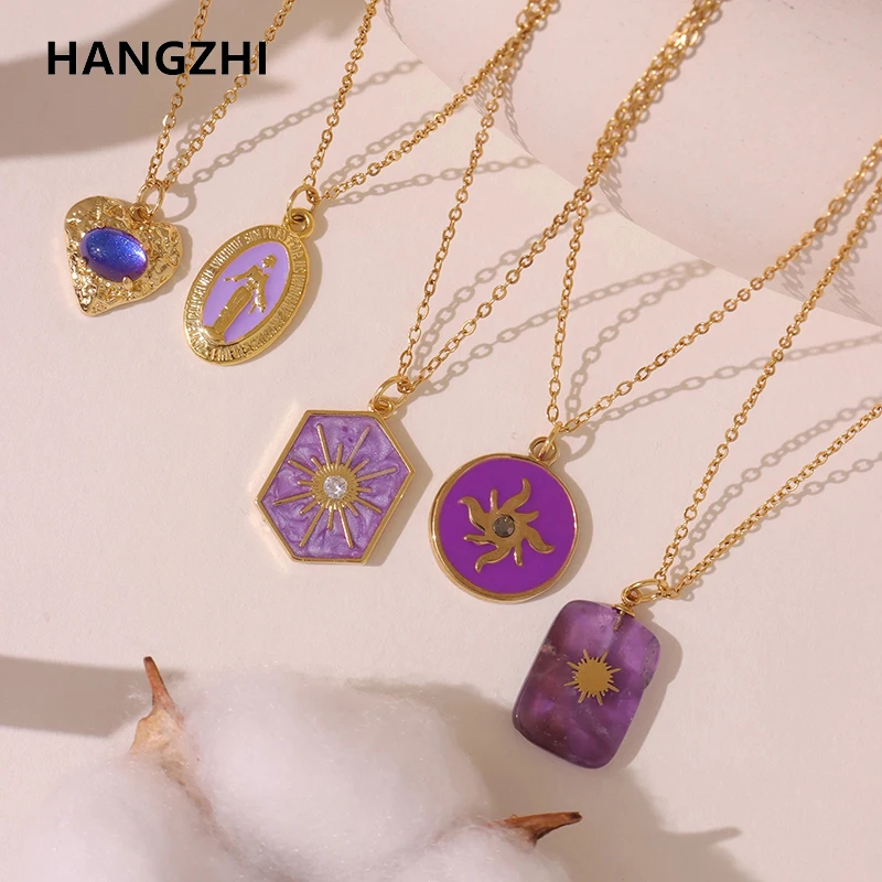 HangZhi Purple Love Heart Sun Our Lady Jewelry Pendant Necklace for Women Heart Oval Pentagon Natural Stones Necklace Gift