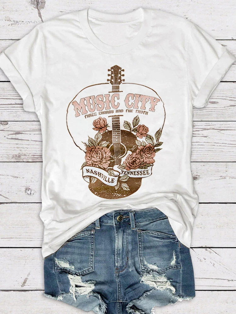 

Women Graphic Tee Music City Rose Guitar T-Shirt Vintage Country Music T Shirt Short Sleeve Tshirt Concert Tops