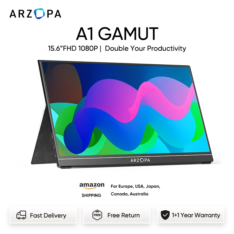 Arzopa 15.6'' Portable Monitor FHD 1080P IPS USB-C Mini-HDMI External Second Screen for Mac Laptop PC Android Switch Xbox  PS4/5