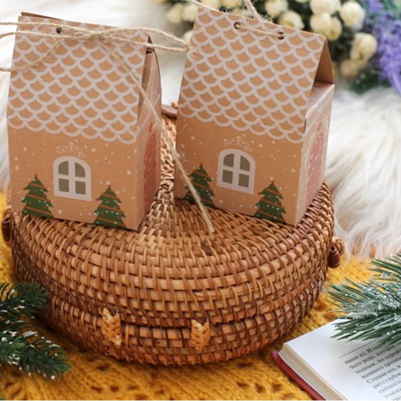 5/10/20 шт. Рождественская коробка конфет Xmas Tree Pattern Kraft House Упаковка для шоколадного