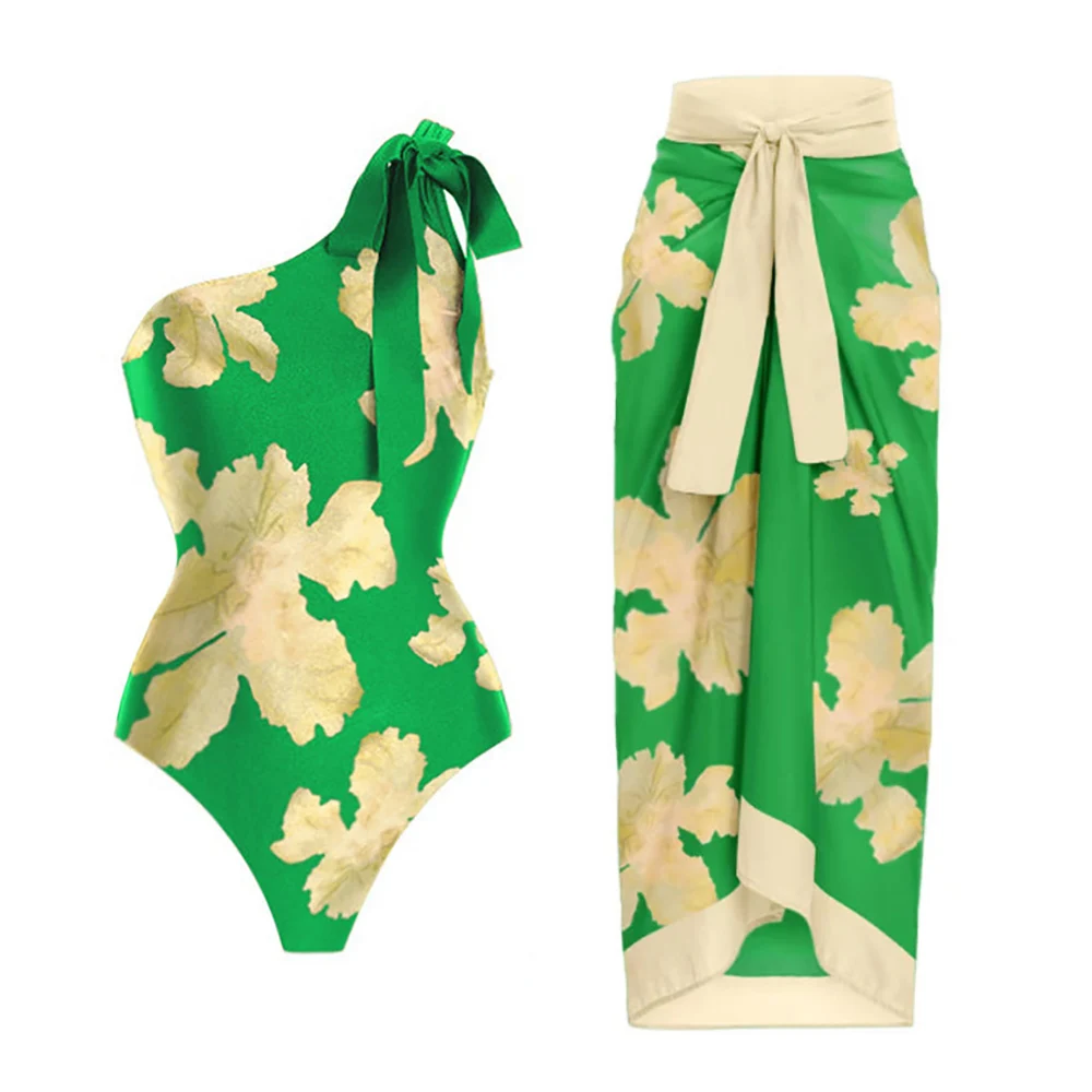 

Green Printed One-Shoulder Lace-Up Swimsuit High Waist Slim One Piece Bikini and Skirt Summer Elegant Tummy Beachwear 2022