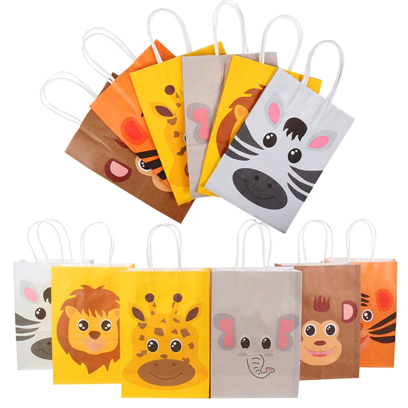 

6pcs Jungle Safari Animals Favor Gift Bags Zoo Happy Birthday Party Paper Candy Box Kids Gift Cookies Packaging Bags Baby Shower
