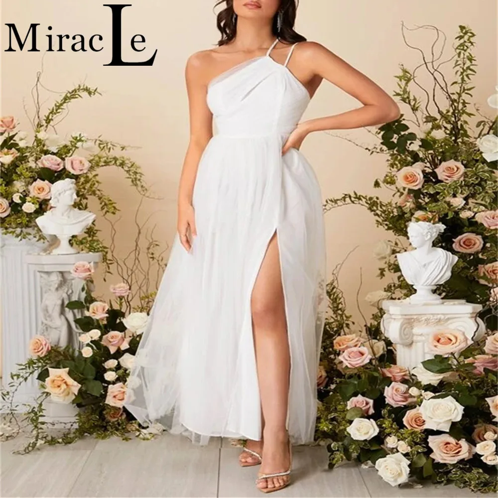 

Alluring One Shoulder Wedding Dresses For Women A Line Front Split Wedding Gown For Bride Criss Cross Backless Robe De Mariée