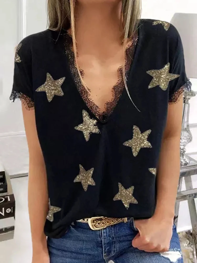 Кружевная футболка с v-образным вырезом и принтом звезды модная пентаграммы Топ