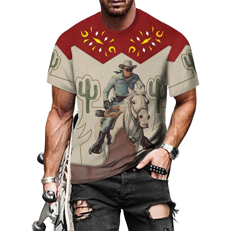 

Футболка мужская оверсайз с коротким рукавом, модная универсальная Свободная рубашка с ковбойским 3D-принтом, с круглым вырезом, в винтажном...