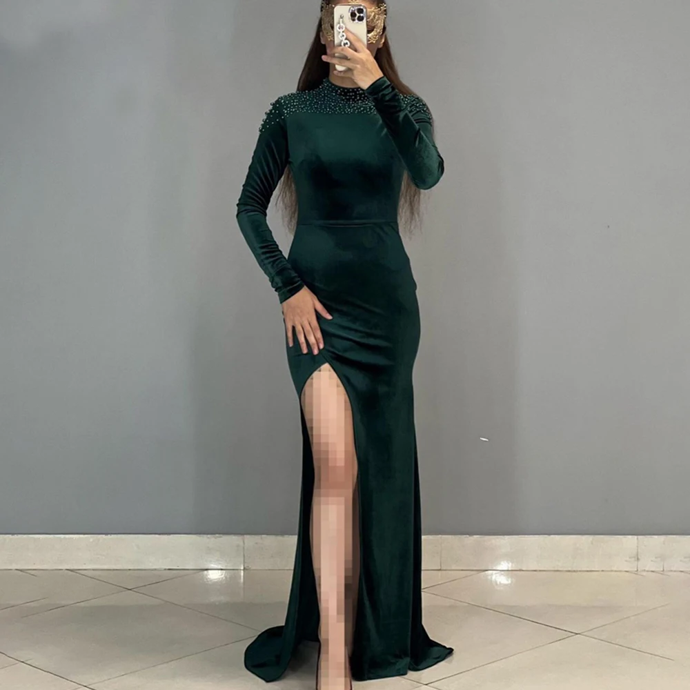 

Green Mermaid Evening Dresses O Neck 2022 Party Dresses High Side Slit Velour Beaded Elegant Formal Party Gowns Robes De Soirée