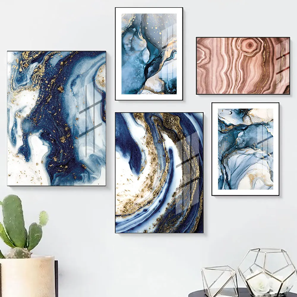 Абстрактная текстура постер синий золотой Холст Живопись винтажный