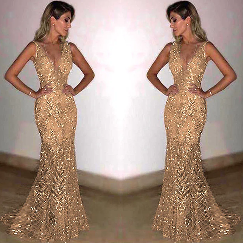New European And American Women'S Annual Meeting Evening Dress Long Sleeveless Sexy V-Neck Dress