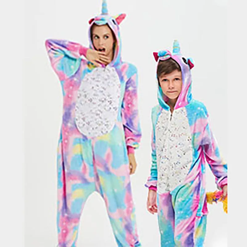 Family Kigurumi Pajamas Sequins Stars Rainbow Unicorn Animal Onesie Cosplay Costume Pajamas For Kids and Adults
