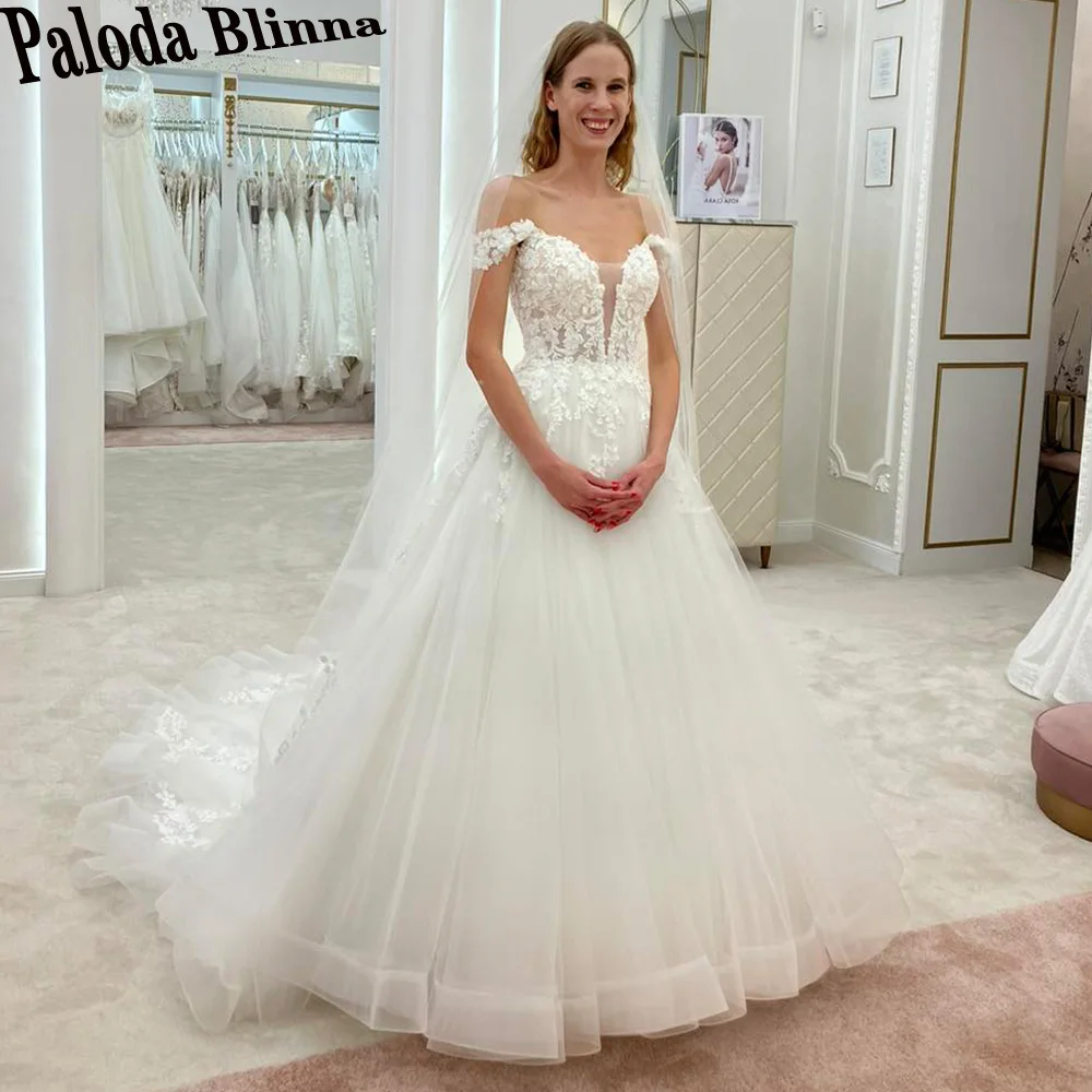 

Paloda Generous Off The Shoulder Wedding Dresses 2023 Bride Pleat Ball Gown Royal Train Short Sleeves Tulle Robe De Mariée