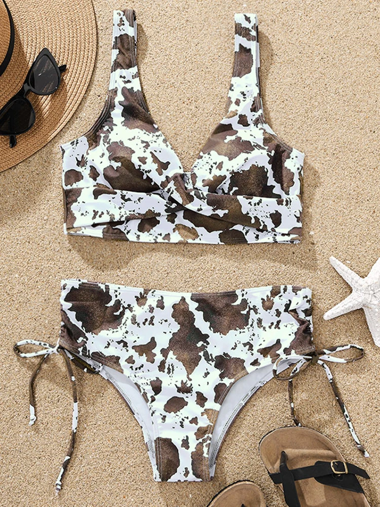 Women's Sexy Criss-Cross Cow Print Bikini Set High Waisted Twist Front Bathing Suit Bottom Side Drawstring Tie Swimsuit Western