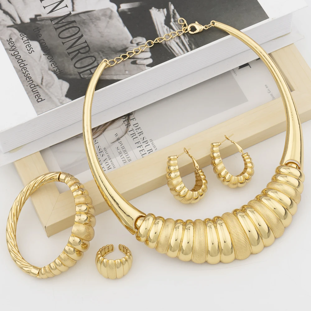 

YM Dubai Gold Color Jewelry Sets For Women Fashion African African Party Wedding Copper Necklace Bracelet Earrings Ring Set Gift