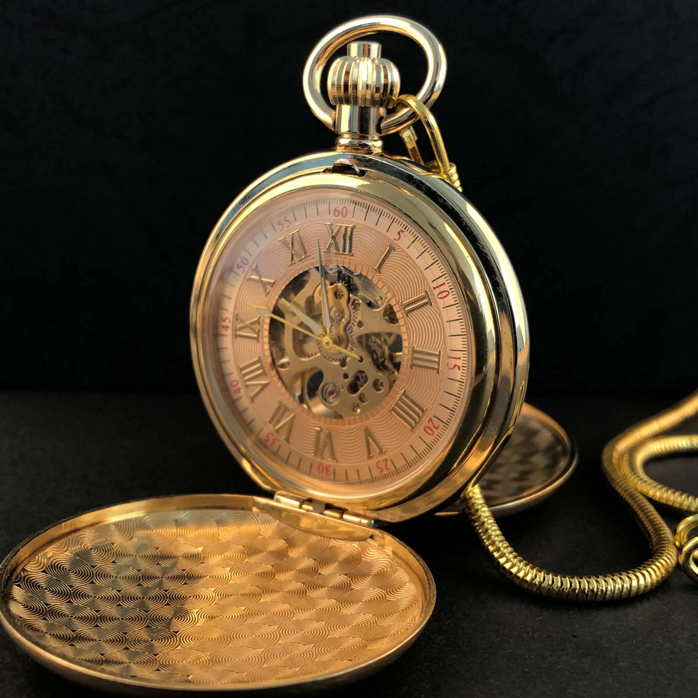 Gold 2 Sides Open Case Mechanical Pocket Watches For Men Women Simple Design Chain Watches Gift Clock reloj de bolsillo