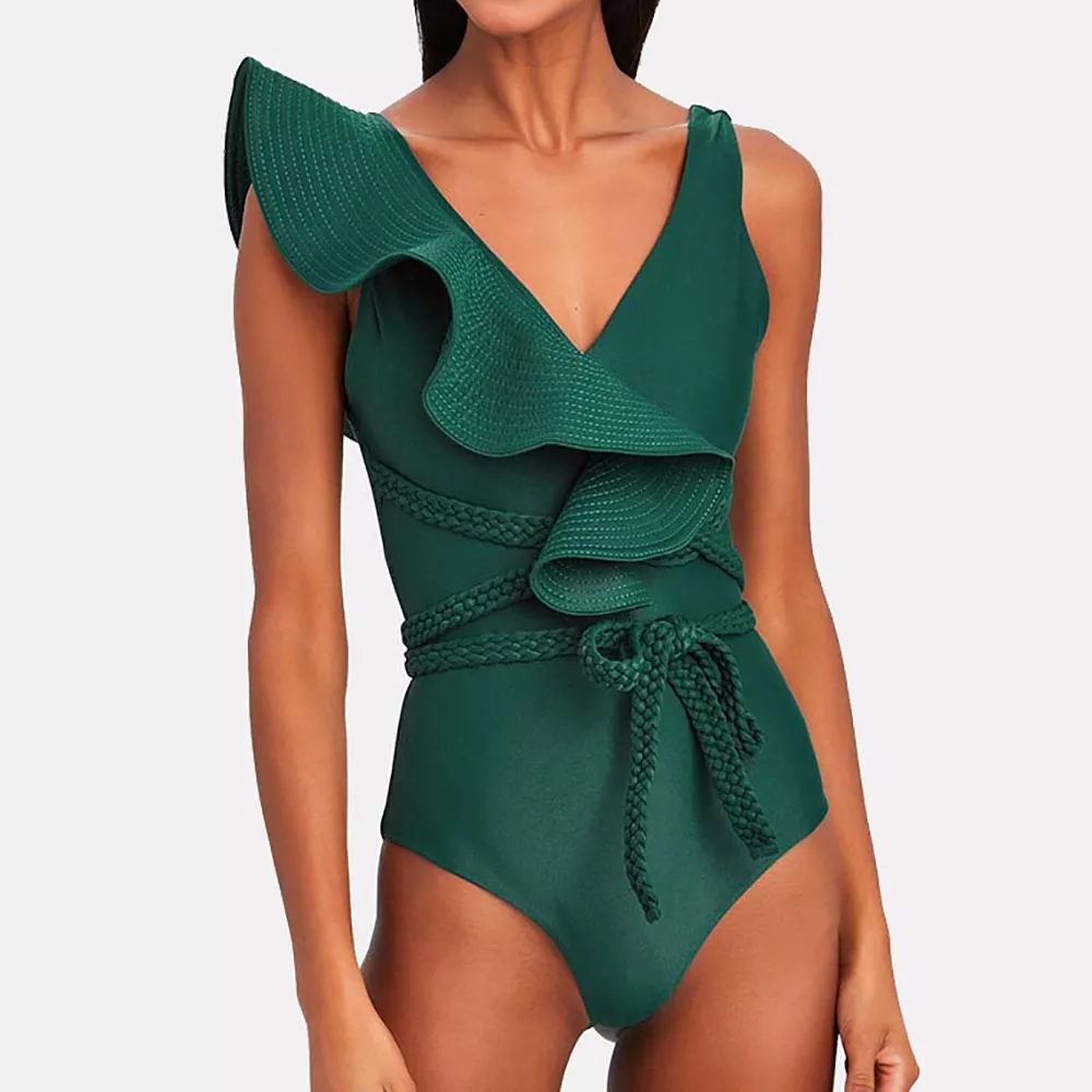 Costumi da bagno donna 2022 costume da bagno intero Sexy deep-v Beach Wear spalla increspata solido Plus Size costume da bagno perizoma estate