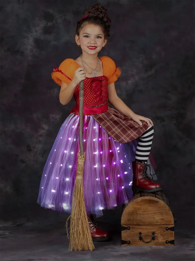 Uporpor LED Light Up Hocus Pocus 2 Costume Sarah Sanderson Sisters Cosplay Dress Kids Girls Halloween Carnival Party Tutu Dress
