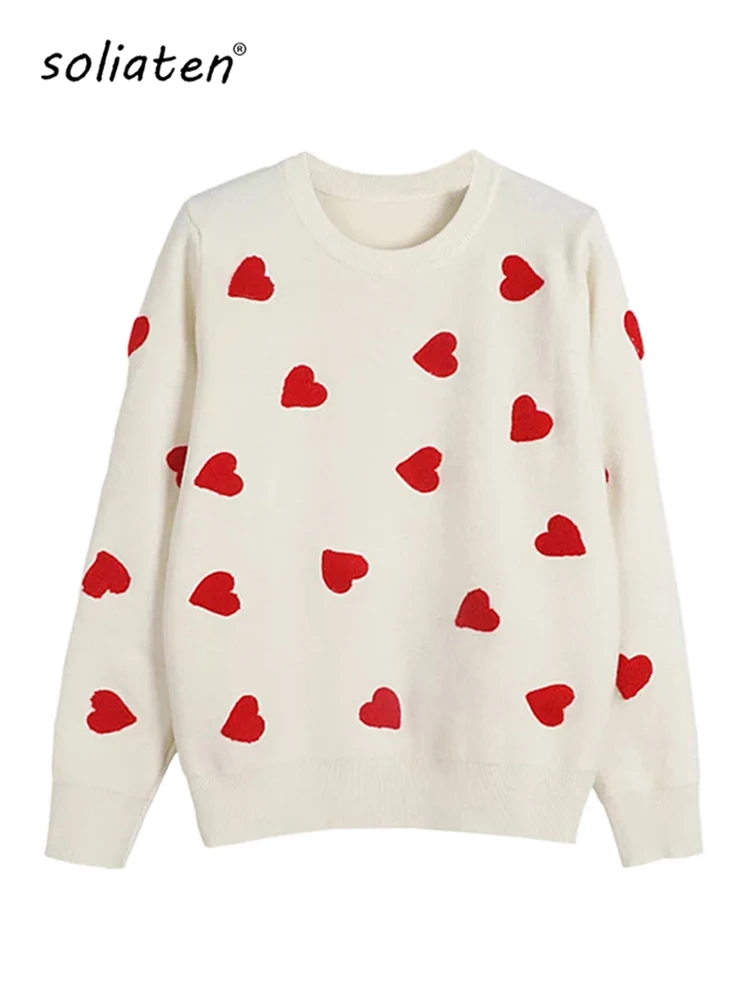 2023 Spring Embroidery Heart Women Sweater O-Neck Kawaii Fashion Pullover Loose Jumper Long Sleeve Knitwear Female C-129