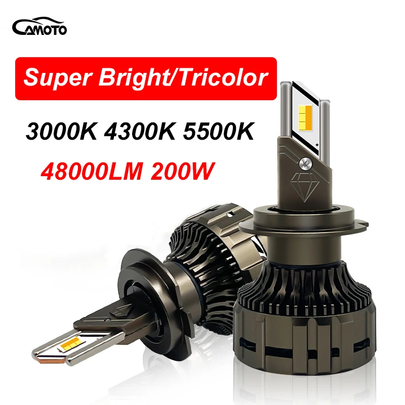 

CAMOTO Turbo H7 Led Headlight 48000Lm H1 H4 H8 H9 H11 Tricolor Auto Lamps HB3 HB4 Car Bulb 3000K 4300K 6000K 9005 9006 Fog Light