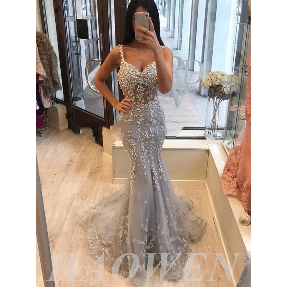 

HAOWEN Sexy African Lace Mermaid Prom Dresses For Black Women Sweetheart Floor Length Illusion Pearls Evening Party Gown