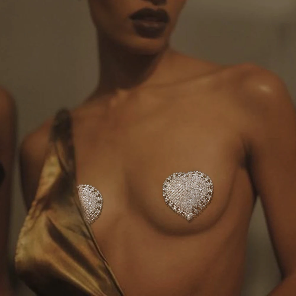 

Bling Heart Nipple Chest Stickers Crystal Overlays on Bra Reusable Metal Breast Pasties Adhesive Chest Jewelry Sexy Accessories