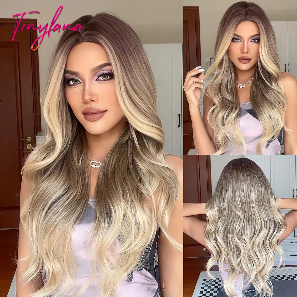 Gray Brown Golden Long Wavy Synthetic Hair Wigs for Women Blonde Highlight Ombre Body Wave Cosplay Natural Wig Heat Resistant