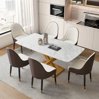 Sintered Stone Dinning Table Chair Set 1  63" Carrara White Color Modern Table Gold Carbon Stell Base 6pcs Luxury Premium Chairs