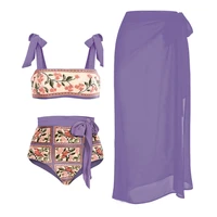 fashion flower embroidered print bikini set split joint two piece set and skirt separate bandeau high waist swimwear