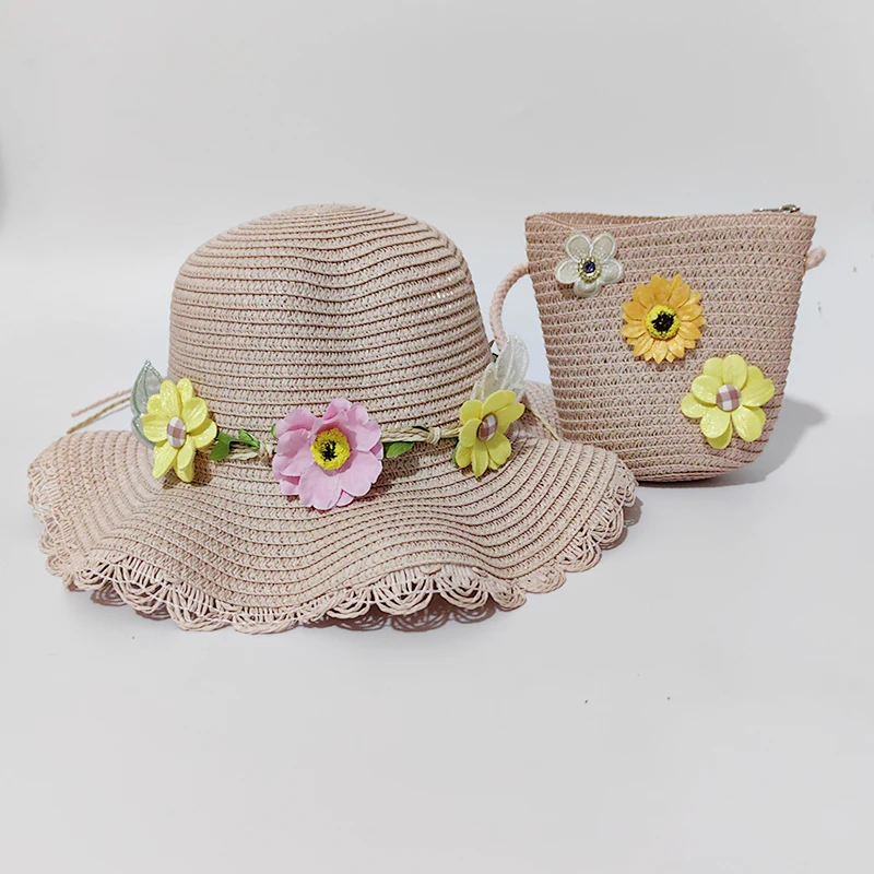 Summer Pink Floppy Straw Hat and Bag With Flowers Wide Brim Kids Sun Protection Hat Beach Fishing Children's Birthday Gift