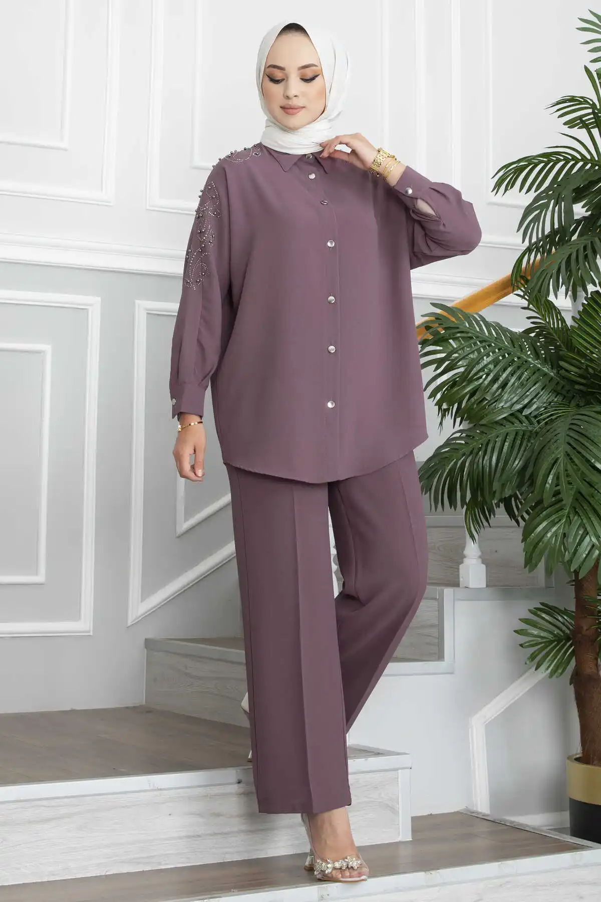 Women's Clothing Stone Detailed Hijab Set Abaya Summer For 2 Pieces Robe Femme Musulmane Muslim Fashion Islamic Jilbab Long Dress