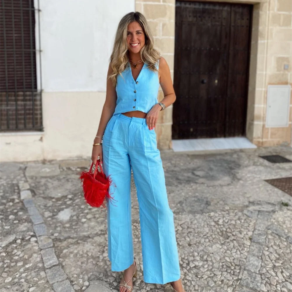 

PB&ZA 2022 Summer New Women's Linen Blend Vest Vest Mopping Pants High Waist Wide Leg Trousers Two-piece Set 4432424