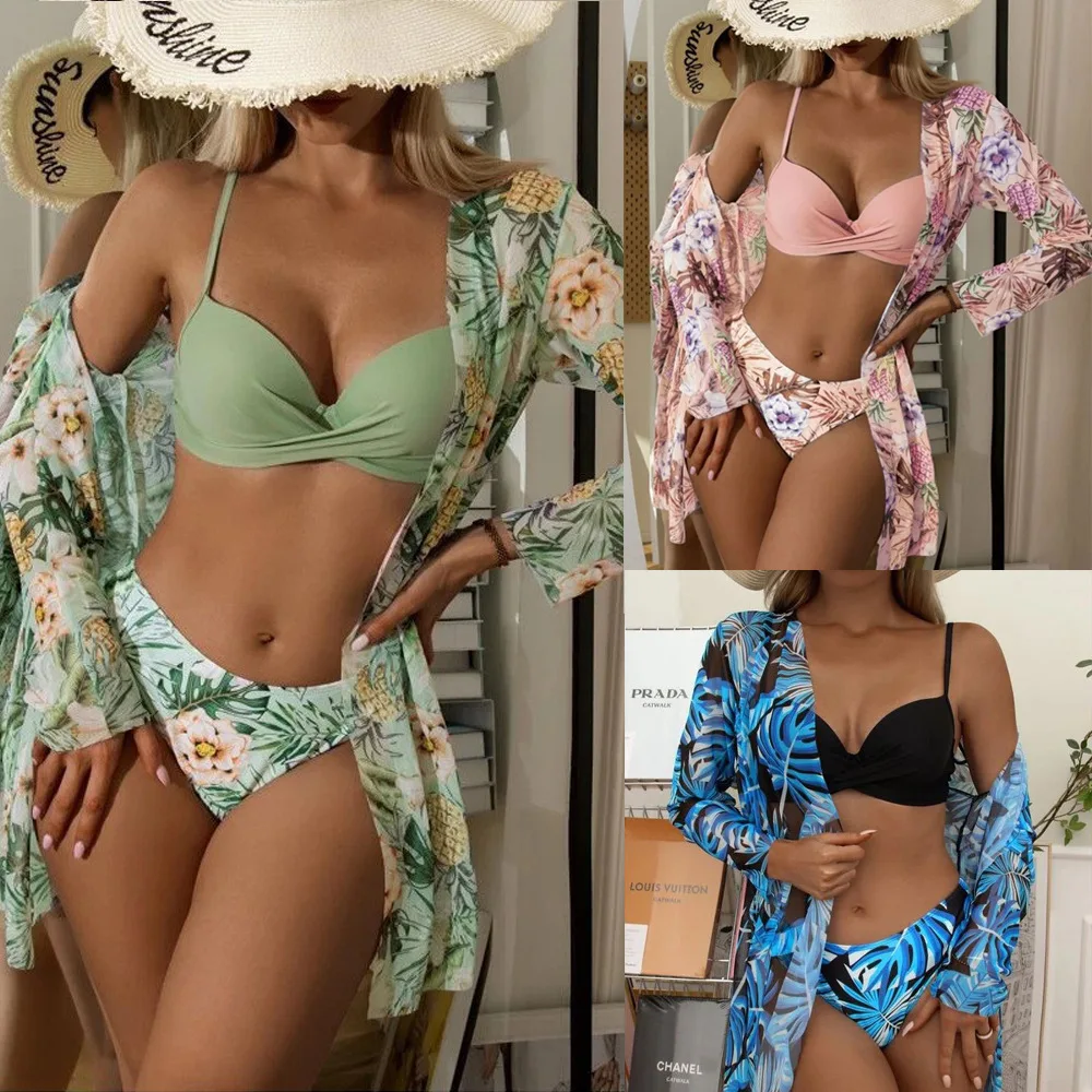 Three Pieces Bikini Set Long SleeveSkirt Tunics For Beach Cover Up Swimsuit Women Ruffle Biquini Bathing Suit Summer Beach Wear
