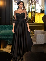 black elegant women evening dress sleeves satin party dresses embroidery beaded evening dress a line floor length evening gown