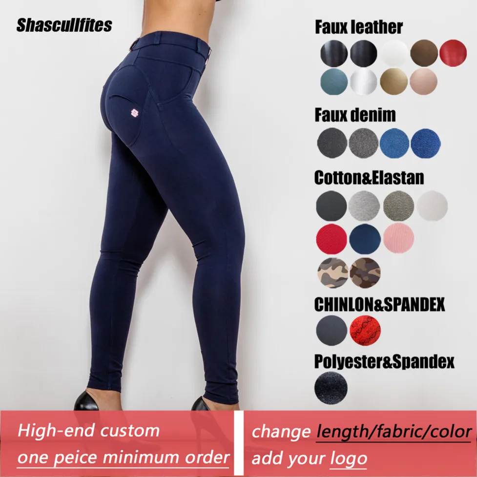 Shascullfites Tailored Korean Leggings Style Pencil Pants Stretch Solid Dark Blue Push Up Mid Waist Leggings