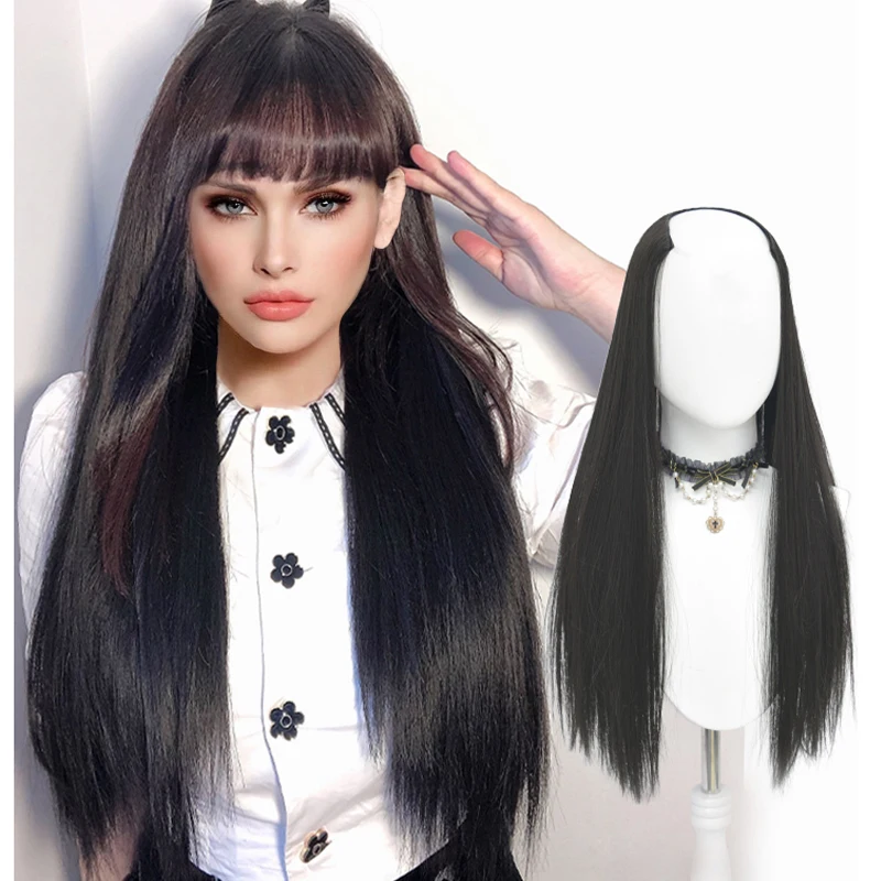 XG Synthetic Long Straight Hair BB Clip U-Shaped Half Head Cover Wig Increase Hair Volume Black Brown Heat Resistant Fiber