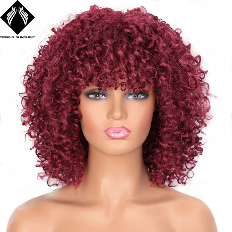 

14inch Short Curly Wig For Black Women Afro Kinky Curly Wig With Bangs Synthetic Natural Glueless Ombre Brown Blonde Wig
