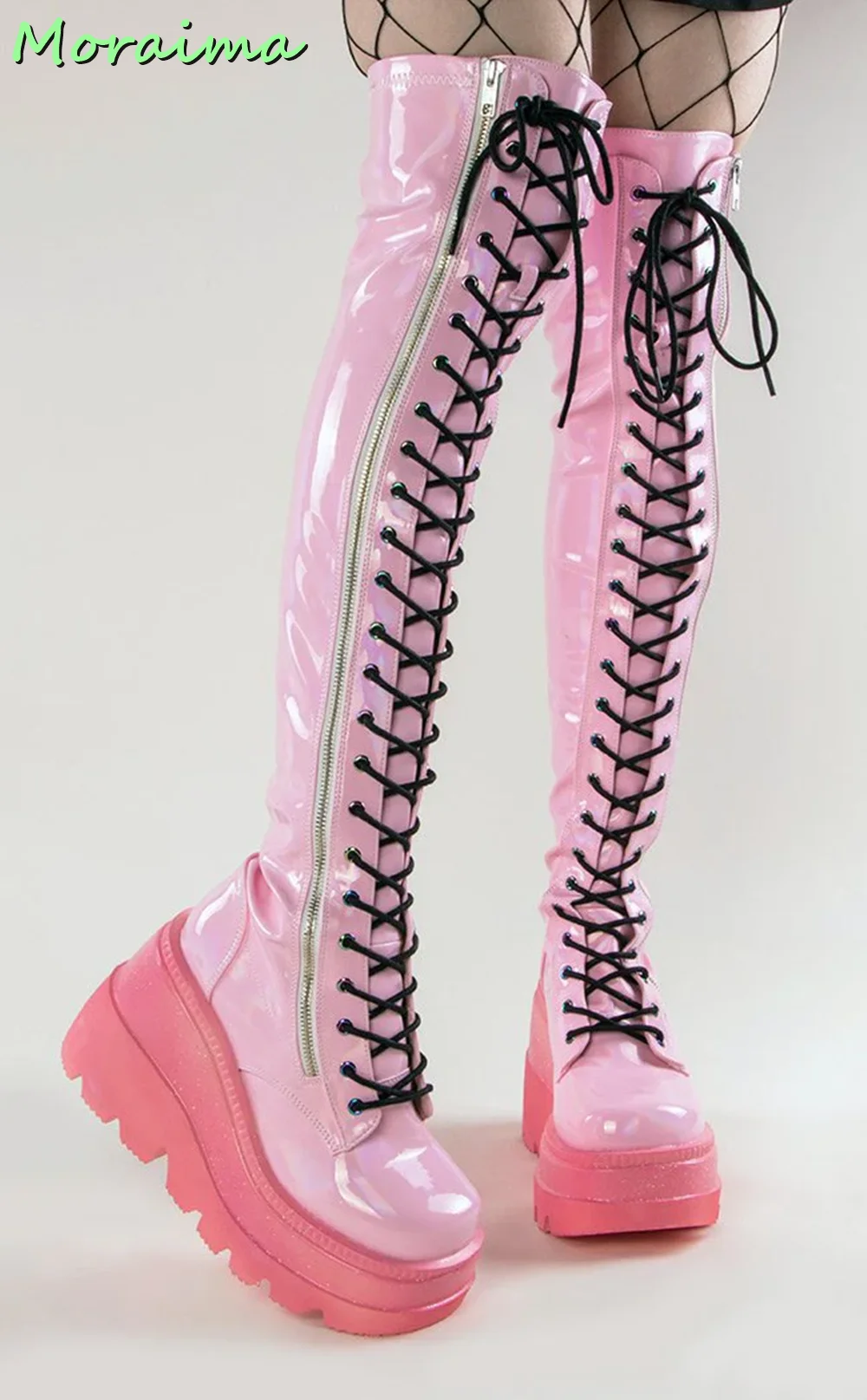 Platform Metal Side Zipper Lace-up Thigh High Boots Black Solid Matte Leather Thick Bottom Fashion Punk Style Women Shoes 2022