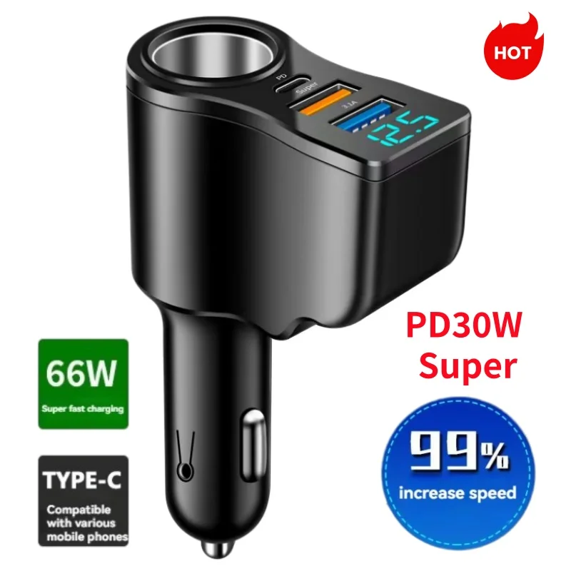 

Автомобильное зарядное устройство USB-C 66 Вт, 3.1 А, с двумя портами USB, сверхбыстрое, с цифровым дисплеем, адаптер для прикуривателя PD QC3.0