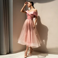 jeheth strapless tulle modern off the shoulder prom gown 2022 for women tea length draped party evening dress robe de soir%c3%a9e