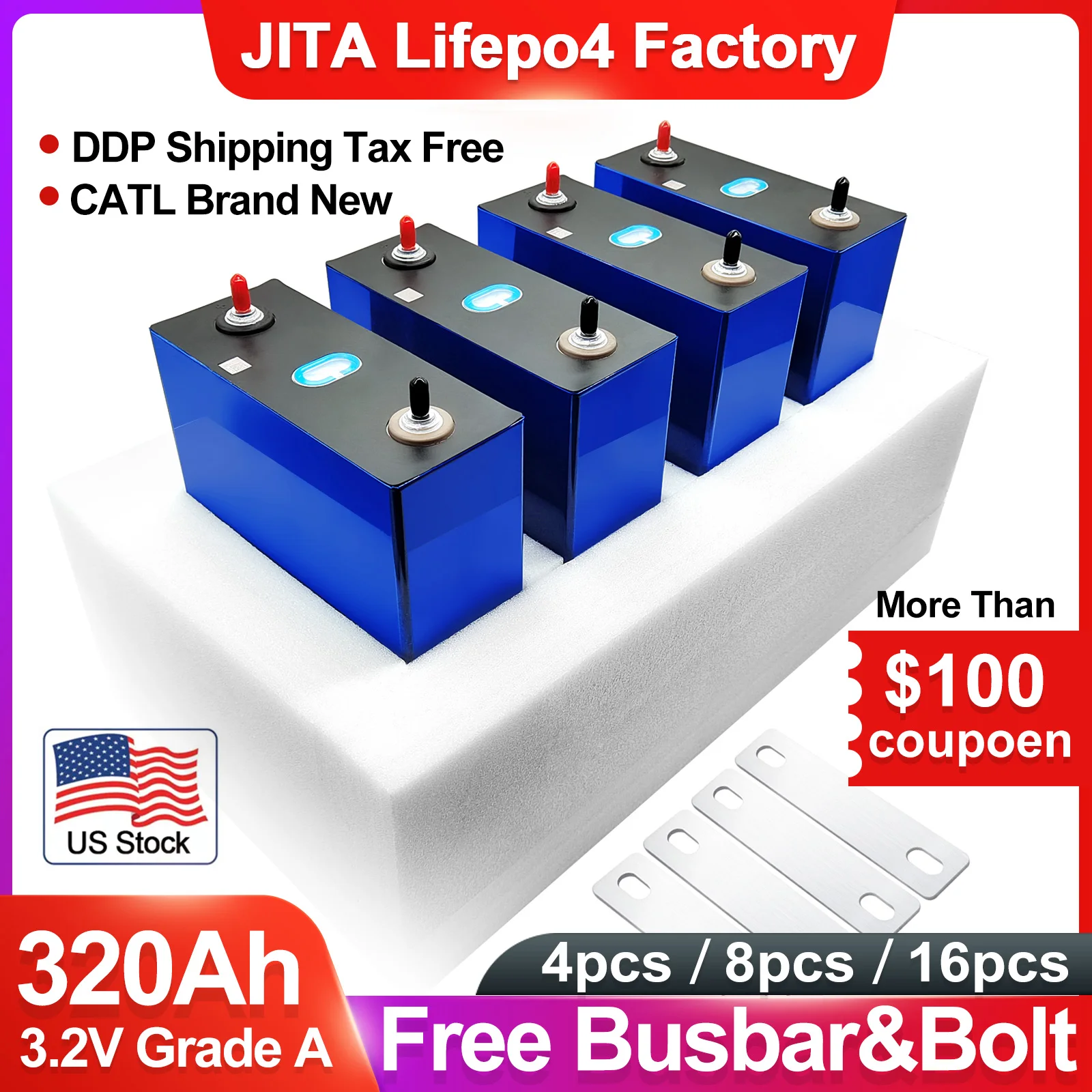 

JITA 3.2V 320Ah Lifepo4 Cell 300Ah Lifepo4 Rechargeable Lithium Battery For 12V 24V 48V Solar Storage Golf Cart DIY Battery