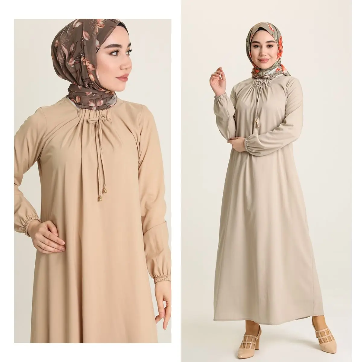 Bow Dress Long Sleeve Crew Neck Belted Elastic Waist Trousers Seasonal Women Muslim Fashion Hijab Clothing Islamic Turkey Casual