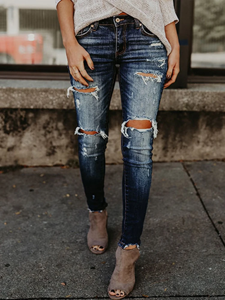 

Women Stretch Ripped Middle Waisted Jeans Frayed Raw Hem Distressed Denim Pants with Pocket and Holes