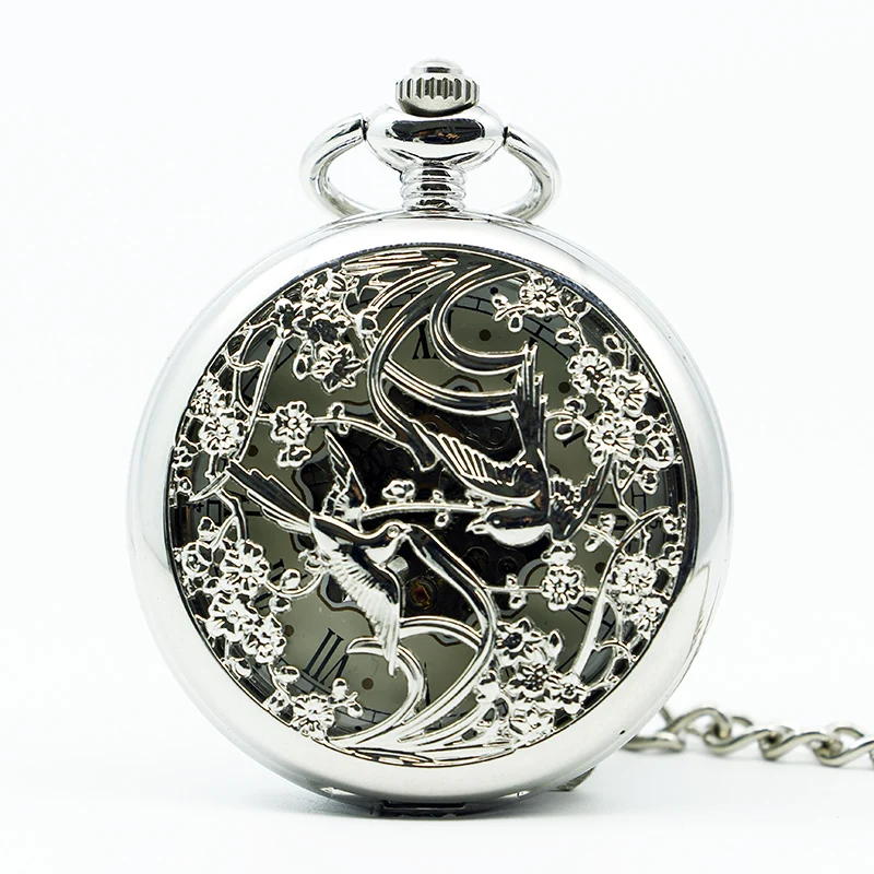 

Silver Skeleton Engraved Pocket Watch For Men Women Mechanical Hand-winding Casual Fashion Watches Pendant with Chain Gifts