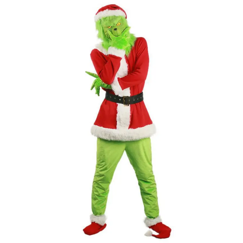 Green Big Monster Costume for Men 7pcs Christmas Deluxe Furry Adult Santa Suit Green Outfit